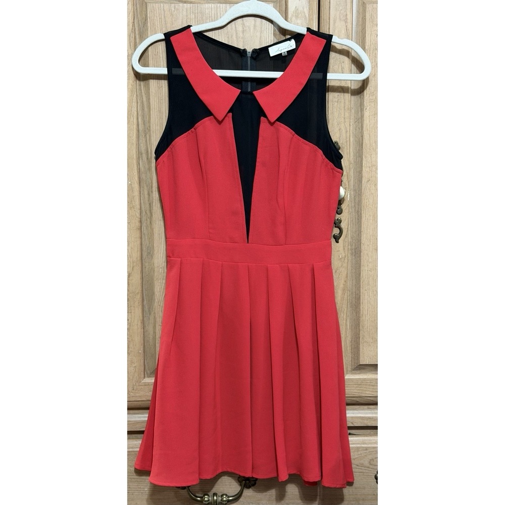 Urban Outfitters Sugarlips Red Black Mesh Illusion Pleated Fit Flare Dress Sz S